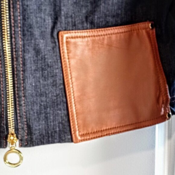 Worth Blue Denim Camel Leather Pocket Zip Jacket - Picture 4 of 9